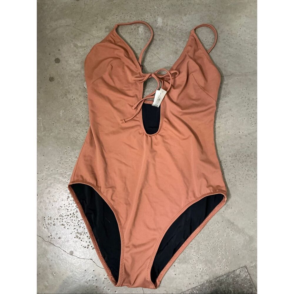 Solid & Striped Plunge Neckline One Piece Swimsuit | Brown in Medium